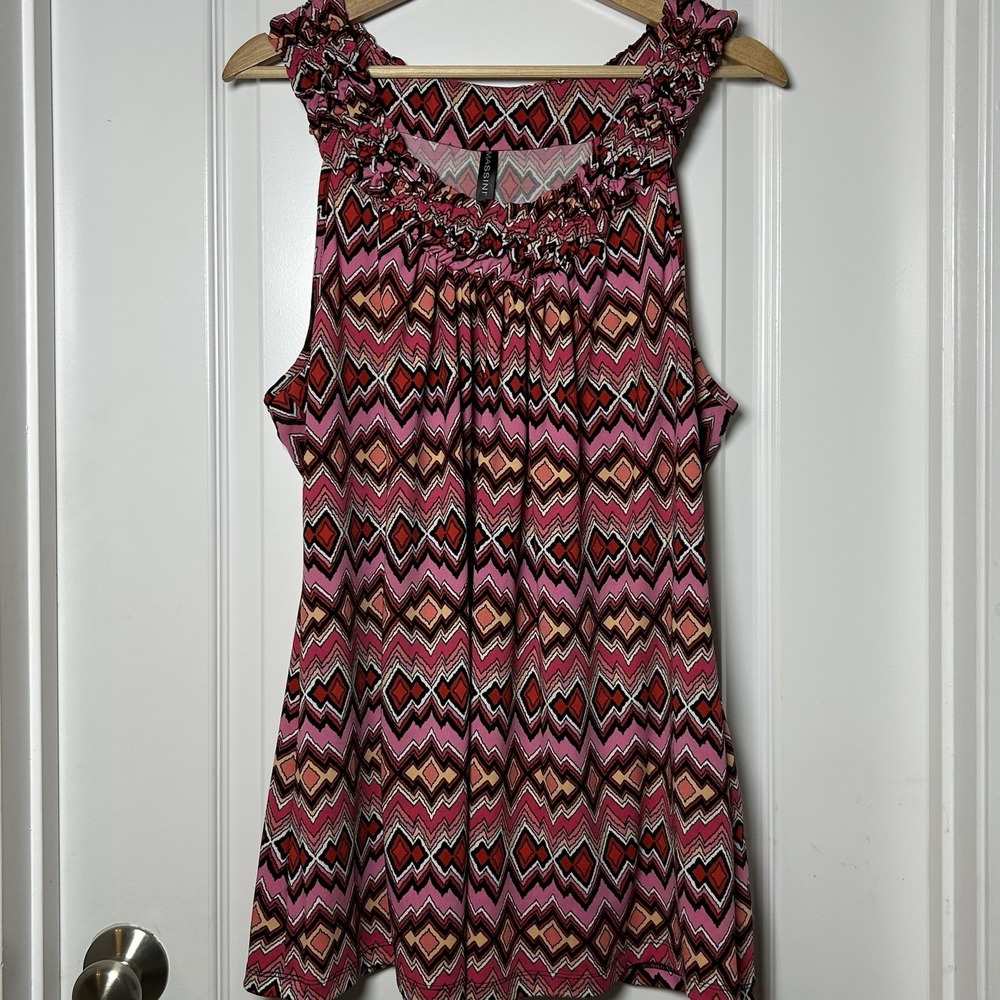 Massini Pink Red Aztec Print Ruffle Flowy Tank Top Boho Tomato Girl Summer Style
